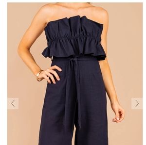 Womens Navy Ruffled Jumpsuit